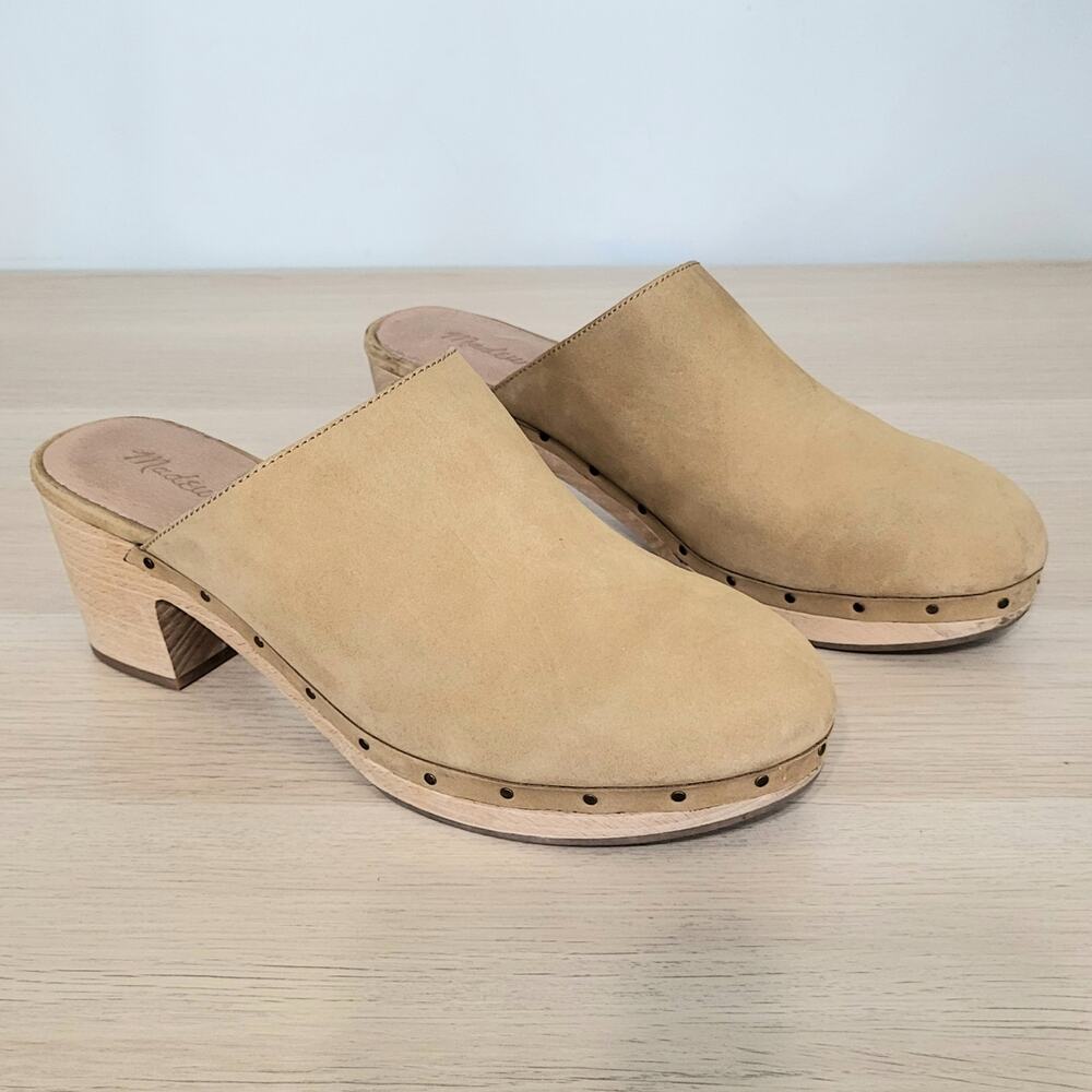 Madewell Ayanna Clog Nubuck Leather Acorn Tan Beige Wooden Heel Studded 9.5